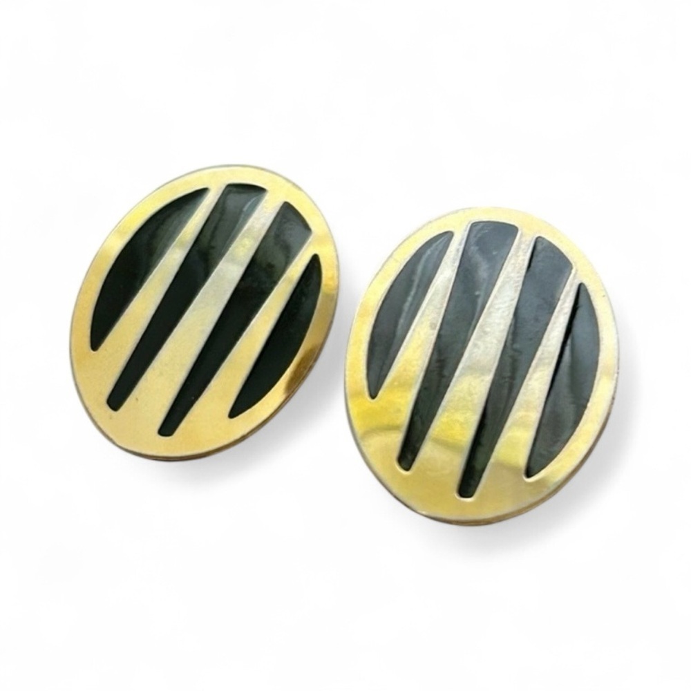 Vintage Gold and Black Oval Clip On Earrings - Statement Earrings